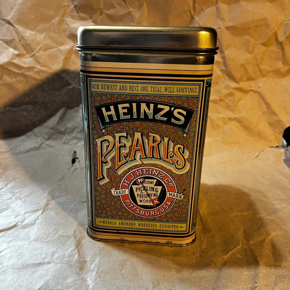 Heinz Tin Teal Orange Vintage Style Cheinco Pearls Advertising Container